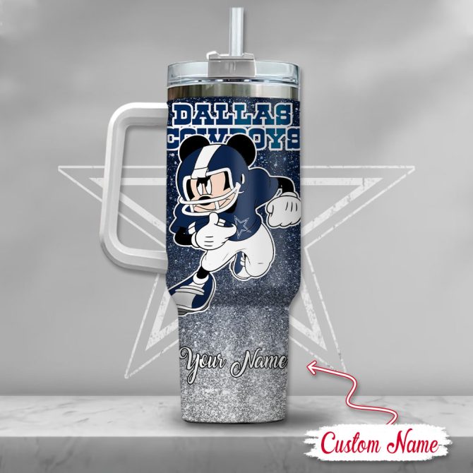 Dallas Cowboys Nfl Mickey Mouse Glitter Custom Stanley Quencher 40Oz Stainless Steel Tumbler With Handle - Image 3