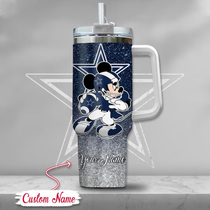 Dallas Cowboys Nfl Mickey Mouse Glitter Custom Stanley Quencher 40Oz Stainless Steel Tumbler With Handle - Image 2