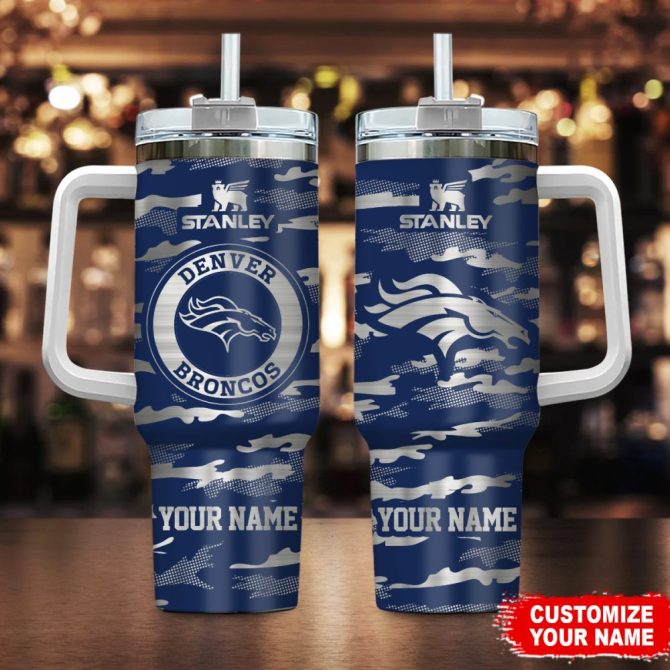 Denver Broncos Nfl Camo Pattern Custom Stanley Quencher 40Oz Stainless Steel Tumbler With Handle