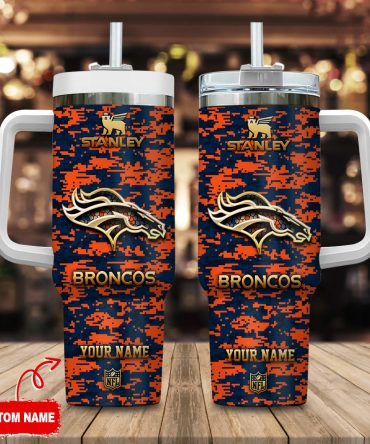 Denver Broncos Nfl Camouflage Golden Logo Custom Stanley Quencher 40Oz Stainless Steel Tumbler With Handle