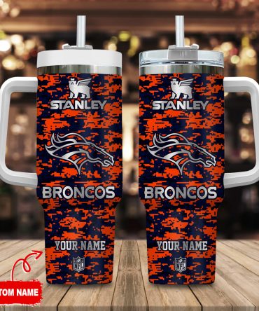 Denver Broncos Nfl Camouflage Silver Logo Custom Stanley Quencher 40Oz Stainless Steel Tumbler With Handle