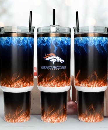 Denver Broncos Nfl Fire Effect Custom Stanley Quencher 40Oz Stainless Steel Tumbler With Handle