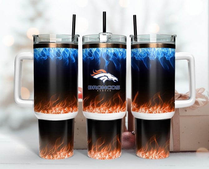 Denver Broncos Nfl Fire Effect Custom Stanley Quencher 40Oz Stainless Steel Tumbler With Handle