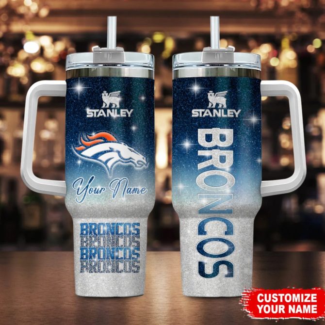 Denver Broncos Nfl Glitter Custom Stanley Quencher 40Oz Stainless Steel Tumbler With Handle