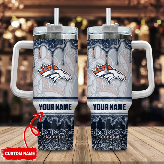 Denver Broncos Nfl Glitter Custom Stanley Quencher 40Oz Stainless Steel Tumbler With Handle