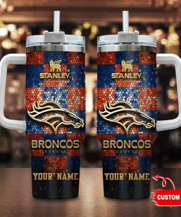 Denver Broncos Nfl Glitter Golden Logo Custom Stanley Quencher 40Oz Stainless Steel Tumbler With Handle