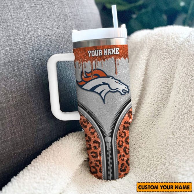 Denver Broncos Nfl Glitter Leopard Print Custom Stanley Quencher 40Oz Stainless Steel Tumbler With Handle - Image 3
