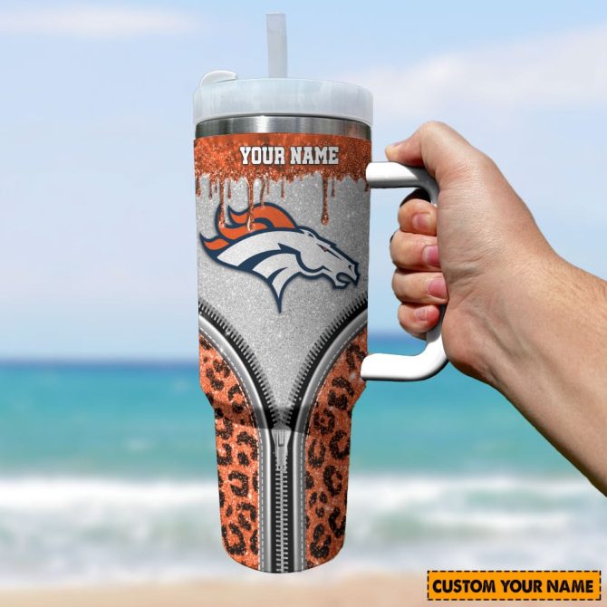 Denver Broncos Nfl Glitter Leopard Print Custom Stanley Quencher 40Oz Stainless Steel Tumbler With Handle - Image 2