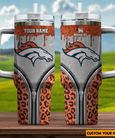 Denver Broncos Nfl Glitter Leopard Print Custom Stanley Quencher 40Oz Stainless Steel Tumbler With Handle