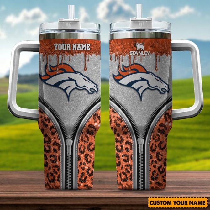 Denver Broncos Nfl Glitter Leopard Print Custom Stanley Quencher 40Oz Stainless Steel Tumbler With Handle