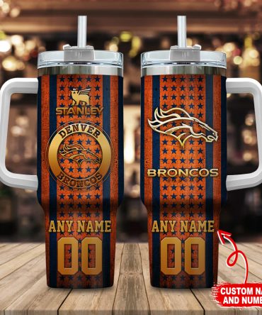Denver Broncos Nfl Golden Logos Us Flag Custom Stanley Quencher 40Oz Stainless Steel Tumbler With Handle