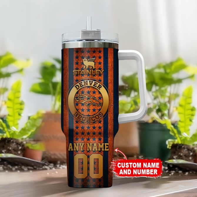 Denver Broncos Nfl Golden Logos Us Flag Custom Stanley Quencher 40Oz Stainless Steel Tumbler With Handle - Image 2