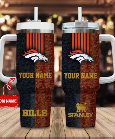 Denver Broncos Nfl Leather Effect Custom Stanley Quencher 40Oz Stainless Steel Tumbler With Handle