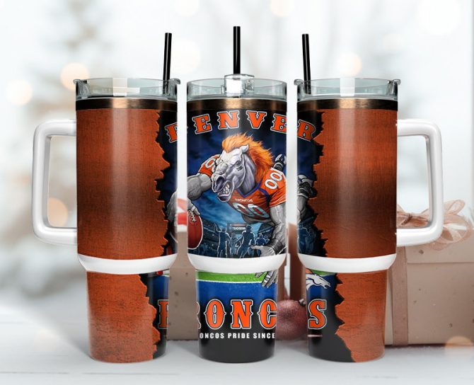 Denver Broncos Nfl Mascot Custom Stanley Quencher 40Oz Stainless Steel Tumbler With Handle