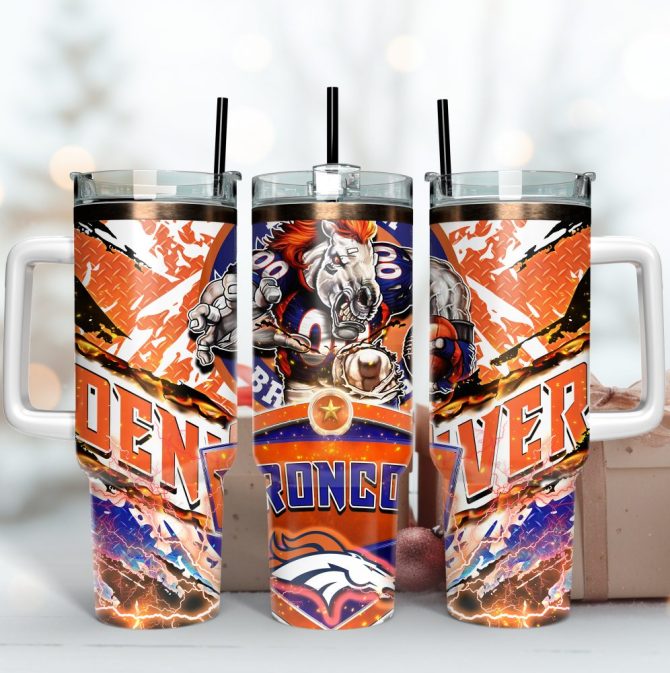 Denver Broncos Nfl Mascot Custom Stanley Quencher 40Oz Stainless Steel Tumbler With Handle