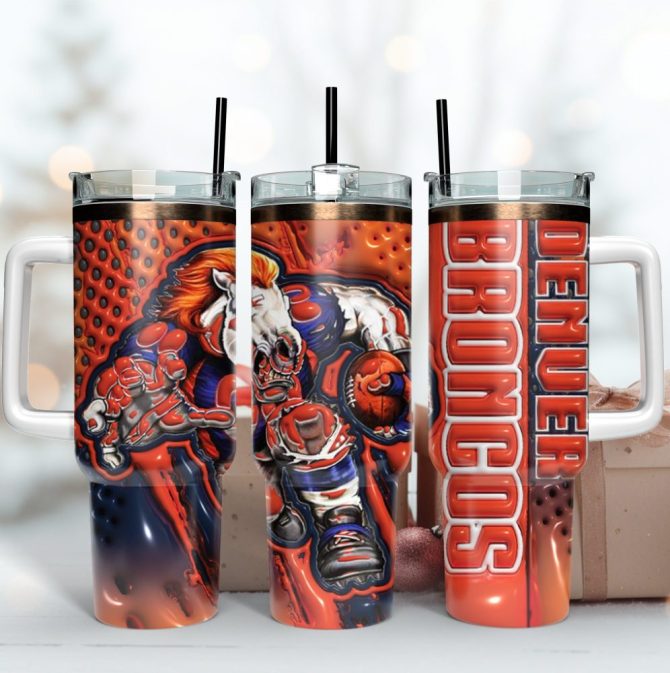 Denver Broncos Nfl Mascot Custom Stanley Quencher 40Oz Stainless Steel Tumbler With Handle