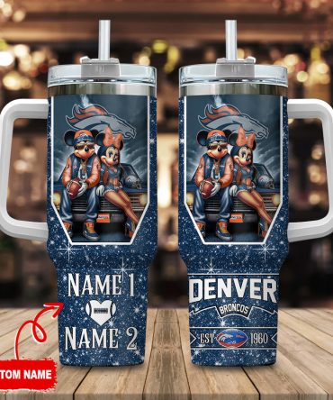 Denver Broncos Nfl Mickey And Minnie Couple Custom Stanley Quencher 40Oz Stainless Steel Tumbler With Handle