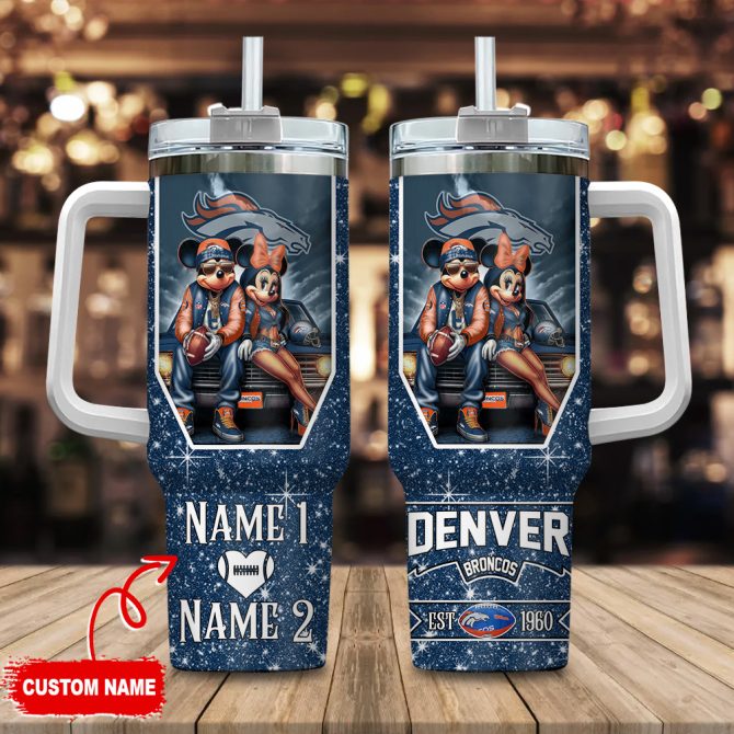 Denver Broncos Nfl Mickey And Minnie Couple Custom Stanley Quencher 40Oz Stainless Steel Tumbler With Handle