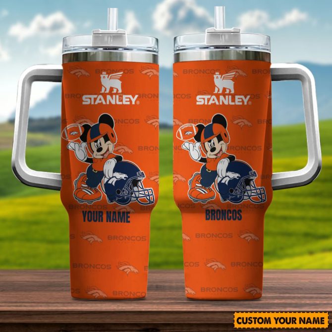 Denver Broncos Nfl Mickey Mouse Custom Stanley Quencher 40Oz Stainless Steel Tumbler With Handle