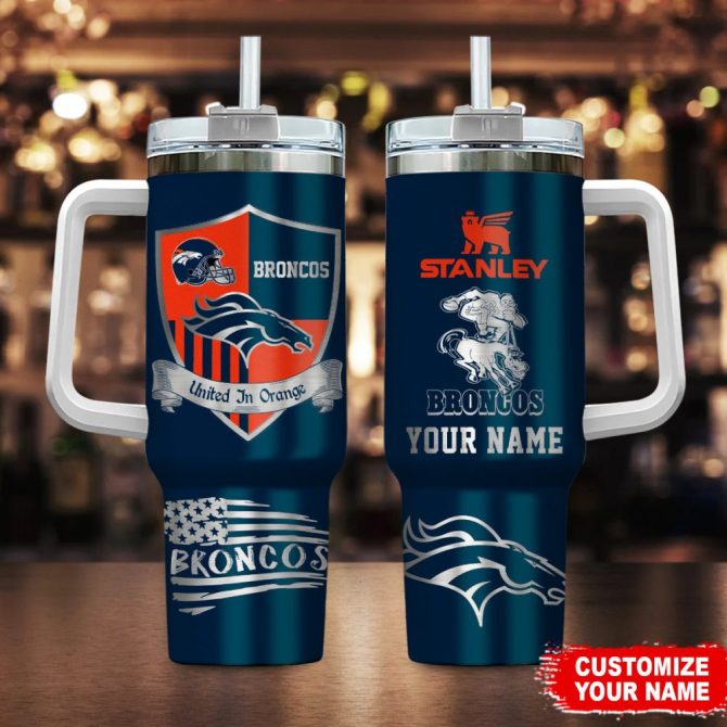 Denver Broncos Nfl Silver Logo Custom Stanley Quencher 40Oz Stainless Steel Tumbler With Handle