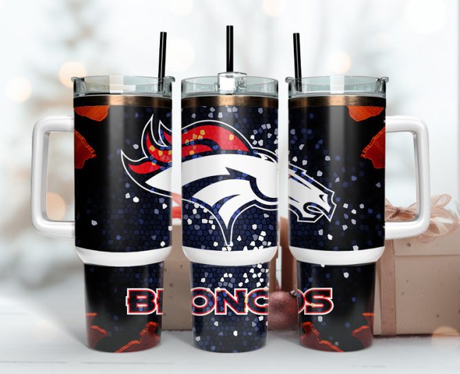 Denver Broncos Nfl Stained Glass Effect Custom Stanley Quencher 40Oz Stainless Steel Tumbler With Handle