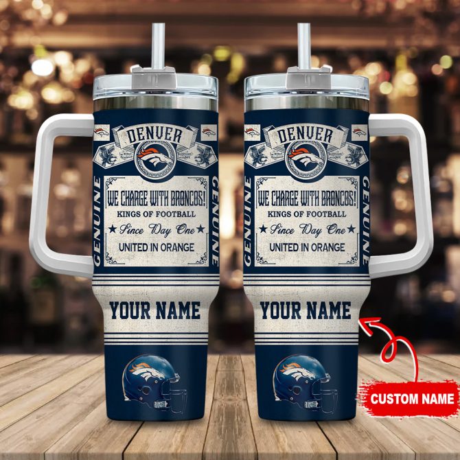 Denver Broncos Nfl Vintage Kings Of Football Custom Stanley Quencher 40Oz Stainless Steel Tumbler With Handle