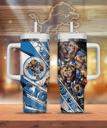 Detroit Lions Mascot Custom Stanley Quencher 40Oz Stainless Steel Tumbler With Handle