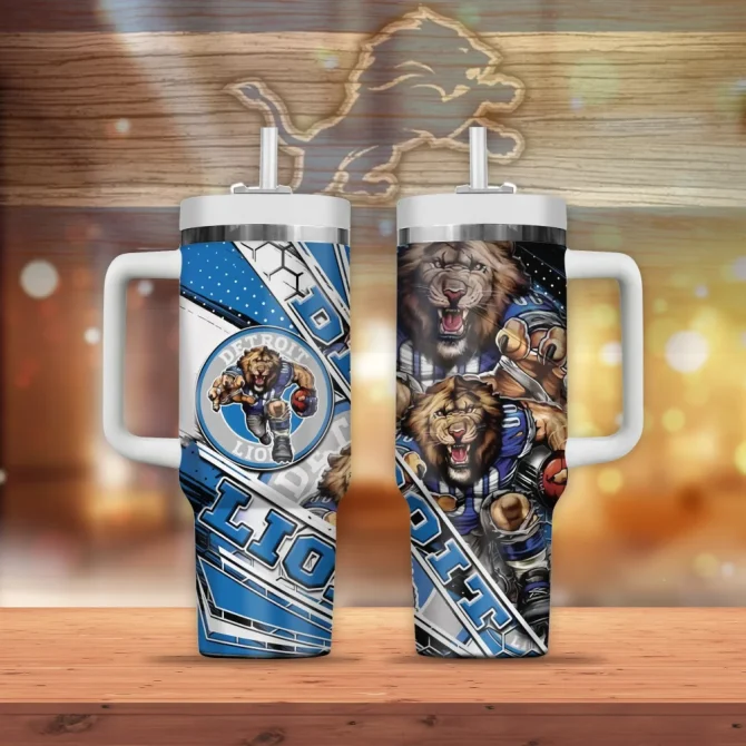 Detroit Lions Mascot Custom Stanley Quencher 40Oz Stainless Steel Tumbler With Handle