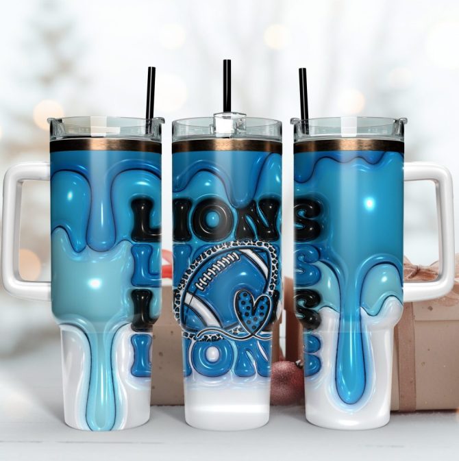 Detroit Lions Nfl 3D Inflated Puff Effect Custom Stanley Quencher 40Oz Stainless Steel Tumbler With Handle
