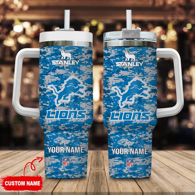 Detroit Lions Nfl Camouflage Custom Stanley Quencher 40Oz Stainless Steel Tumbler With Handle