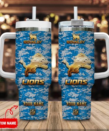 Detroit Lions Nfl Camouflage Golden Logo Custom Stanley Quencher 40Oz Stainless Steel Tumbler With Handle
