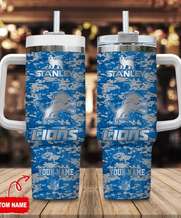Detroit Lions Nfl Camouflage Silver Logo Custom Stanley Quencher 40Oz Stainless Steel Tumbler With Handle