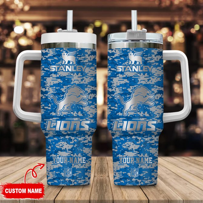 Detroit Lions Nfl Camouflage Silver Logo Custom Stanley Quencher 40Oz Stainless Steel Tumbler With Handle