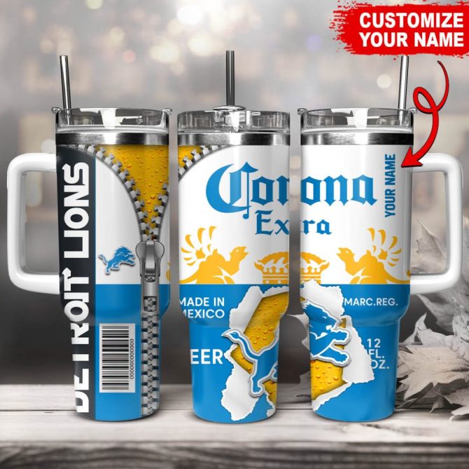 Detroit Lions Nfl Corona Extra Custom Stanley Quencher 40Oz Stainless Steel Tumbler With Handle