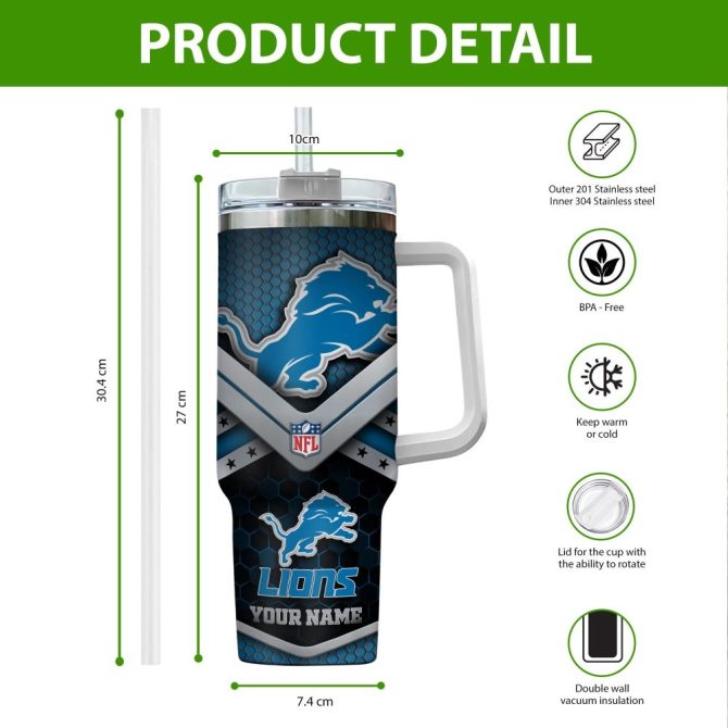Detroit Lions Nfl Custom Stanley Quencher 40Oz Stainless Steel Tumbler With Handle - Image 2
