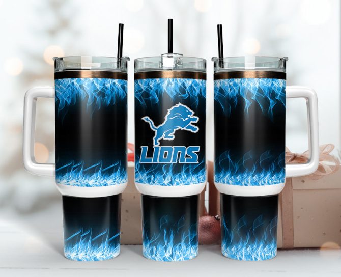 Detroit Lions Nfl Fire Effect Custom Stanley Quencher 40Oz Stainless Steel Tumbler With Handle