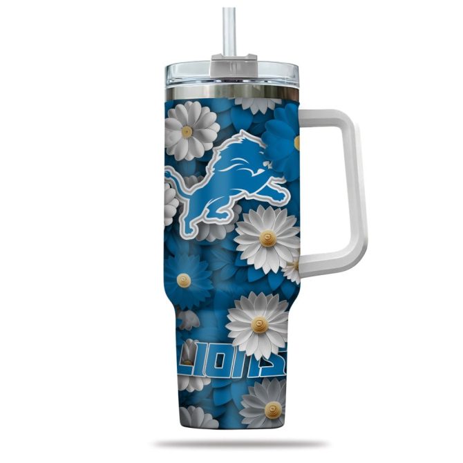 Detroit Lions Nfl Flowers Custom Stanley Quencher 40Oz Stainless Steel Tumbler With Handle - Image 2