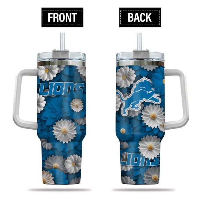 Detroit Lions Nfl Flowers Custom Stanley Quencher 40Oz Stainless Steel Tumbler With Handle
