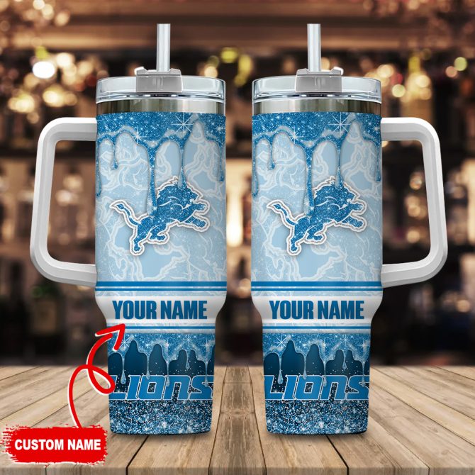 Detroit Lions Nfl Glitter Custom Stanley Quencher 40Oz Stainless Steel Tumbler With Handle