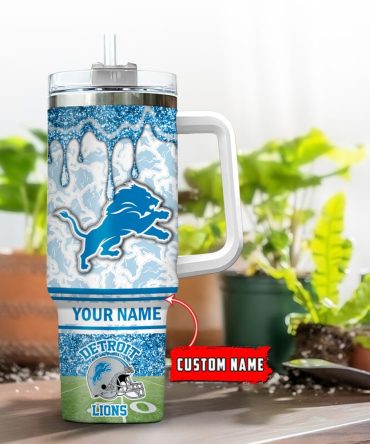 Detroit Lions Nfl Glitter Custom Stanley Quencher 40Oz Stainless Steel Tumbler With Handle