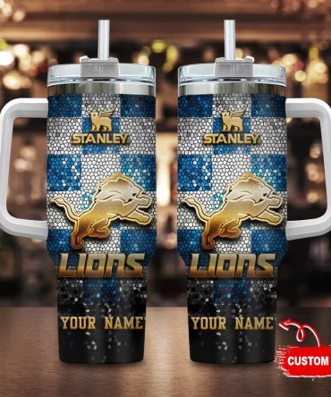 Detroit Lions Nfl Glitter Golden Logo Custom Stanley Quencher 40Oz Stainless Steel Tumbler With Handle