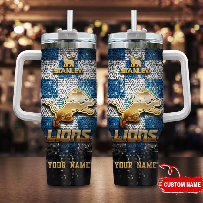 Detroit Lions Nfl Glitter Golden Logo Custom Stanley Quencher 40Oz Stainless Steel Tumbler With Handle