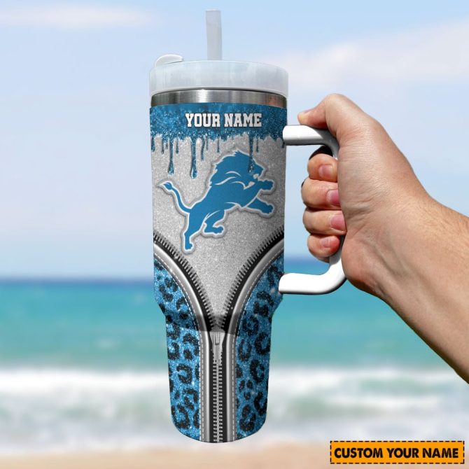 Detroit Lions Nfl Glitter Leopard Print Custom Stanley Quencher 40Oz Stainless Steel Tumbler With Handle - Image 2