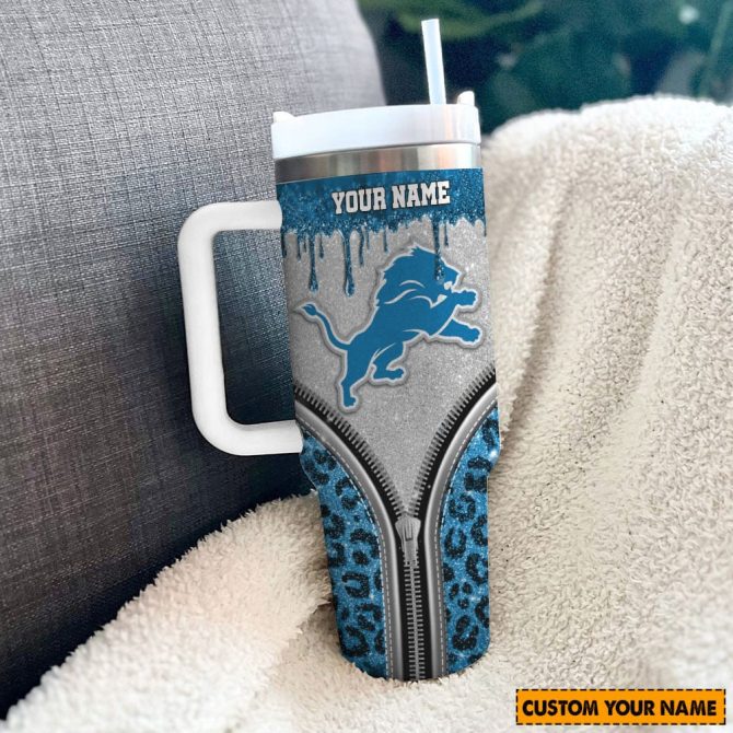 Detroit Lions Nfl Glitter Leopard Print Custom Stanley Quencher 40Oz Stainless Steel Tumbler With Handle - Image 3