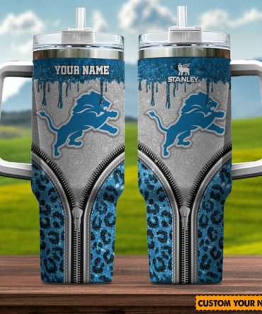 Detroit Lions Nfl Glitter Leopard Print Custom Stanley Quencher 40Oz Stainless Steel Tumbler With Handle