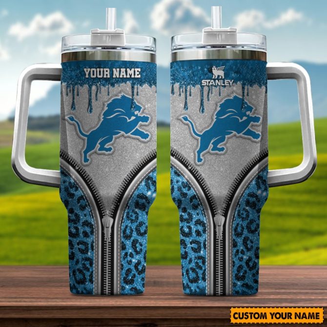 Detroit Lions Nfl Glitter Leopard Print Custom Stanley Quencher 40Oz Stainless Steel Tumbler With Handle