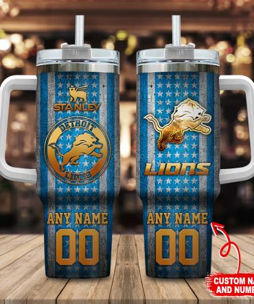 Detroit Lions Nfl Golden Logos Us Flag Custom Stanley Quencher 40Oz Stainless Steel Tumbler With Handle