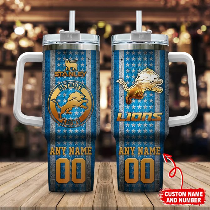 Detroit Lions Nfl Golden Logos Us Flag Custom Stanley Quencher 40Oz Stainless Steel Tumbler With Handle