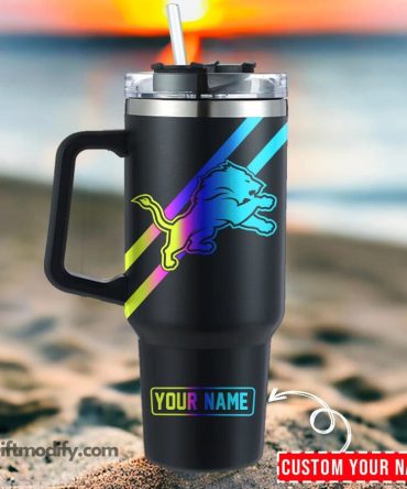 Detroit Lions Nfl Hologram Logo Custom Stanley Quencher 40Oz Stainless Steel Tumbler With Handle