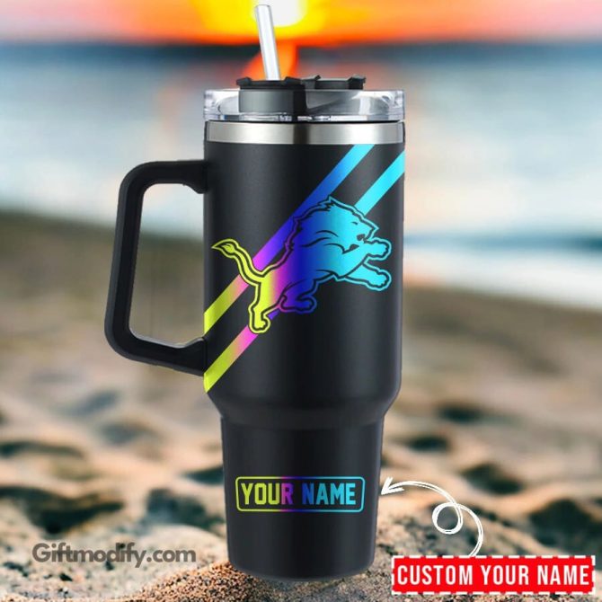 Detroit Lions Nfl Hologram Logo Custom Stanley Quencher 40Oz Stainless Steel Tumbler With Handle